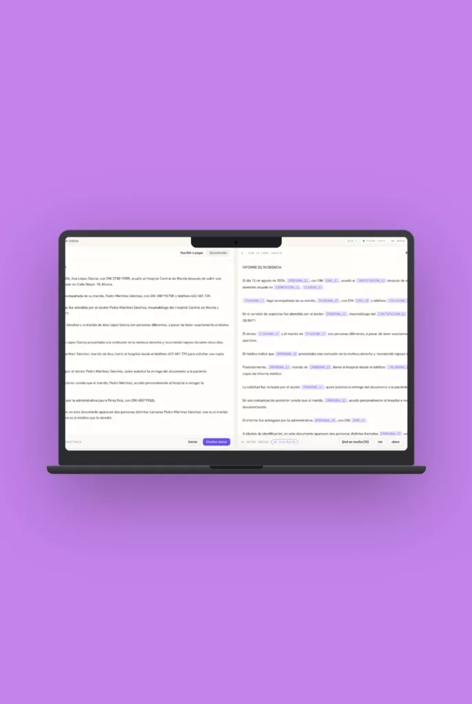 Interfaz de micapa.ai con un documento y los datos personales sustituidos por etiquetas